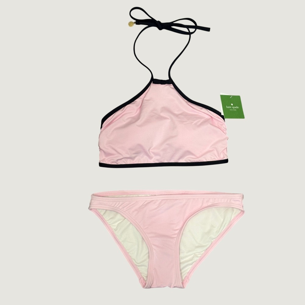 Kate Spade Plage Du Midi Halter Bikini Set Blossom Pink Black XS Preppy Coquette